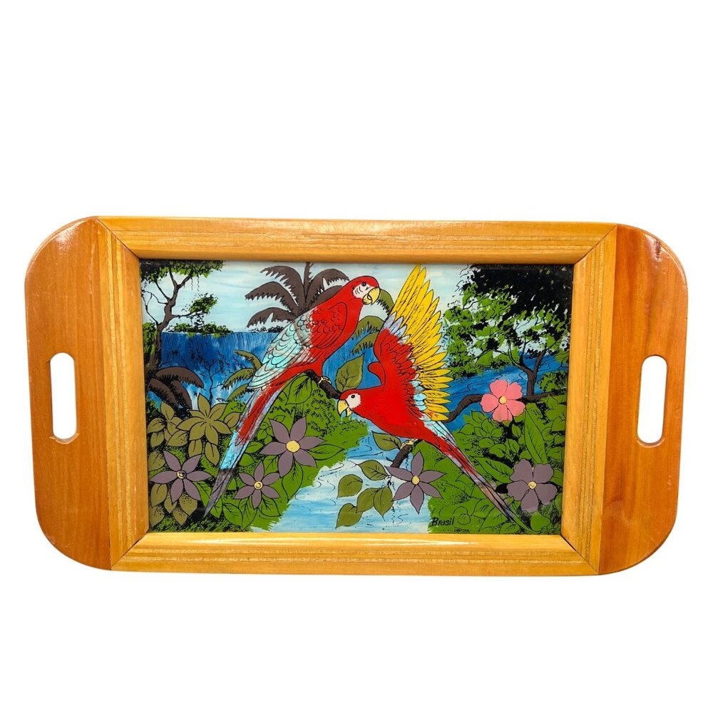 VTG Brazil Wood Glass Serving Tray Hand-Painted Parrot Scene Tropical Iridescent